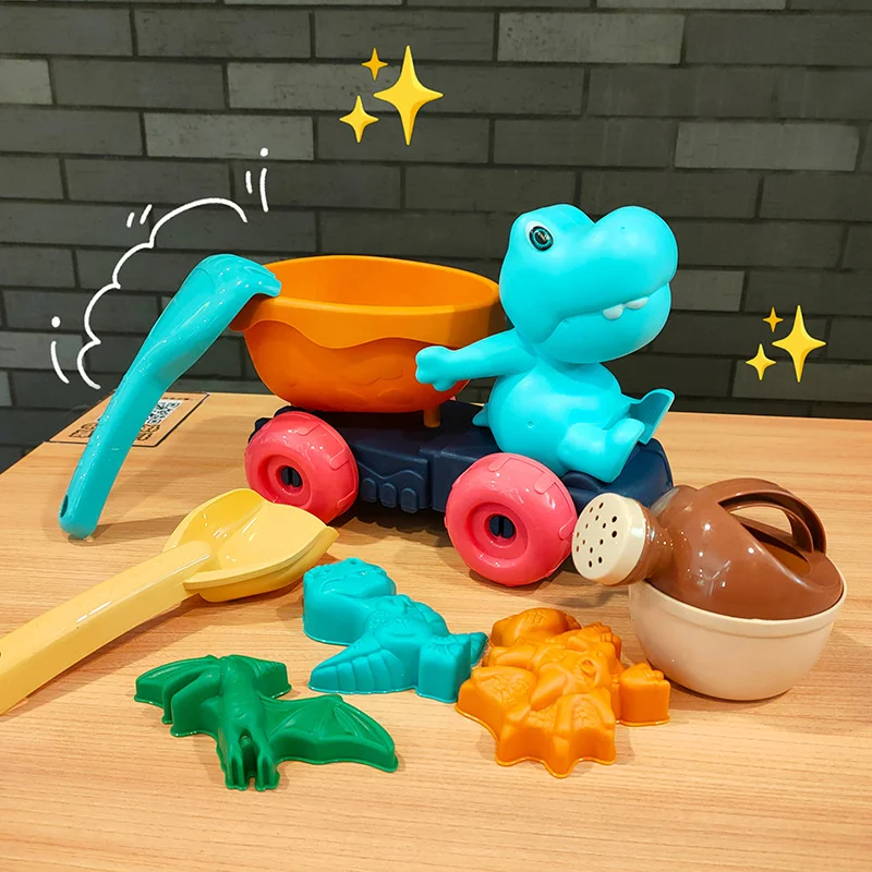 Juego de coches de juguete de playa para niños, pala, excavación de arena, juego de playa al aire libre, juego de camión volquete de dinosaurio, 7 Uds.