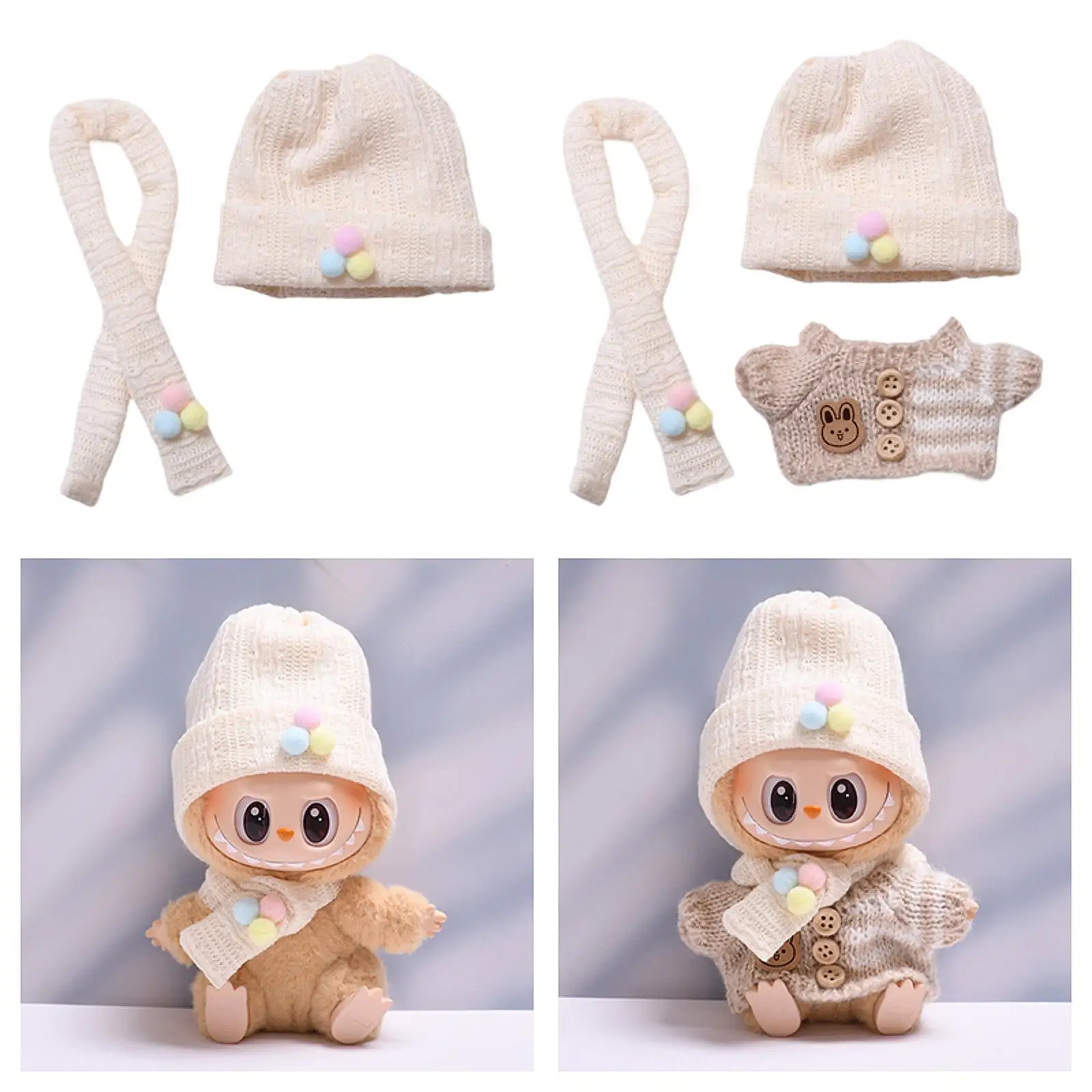 Cute Figure Knit Hat with Scarf Doll Cuffed Cap Cute Photo Props, Dress up DIY Stuffed Doll Hat Doll Headgear for 5.91''