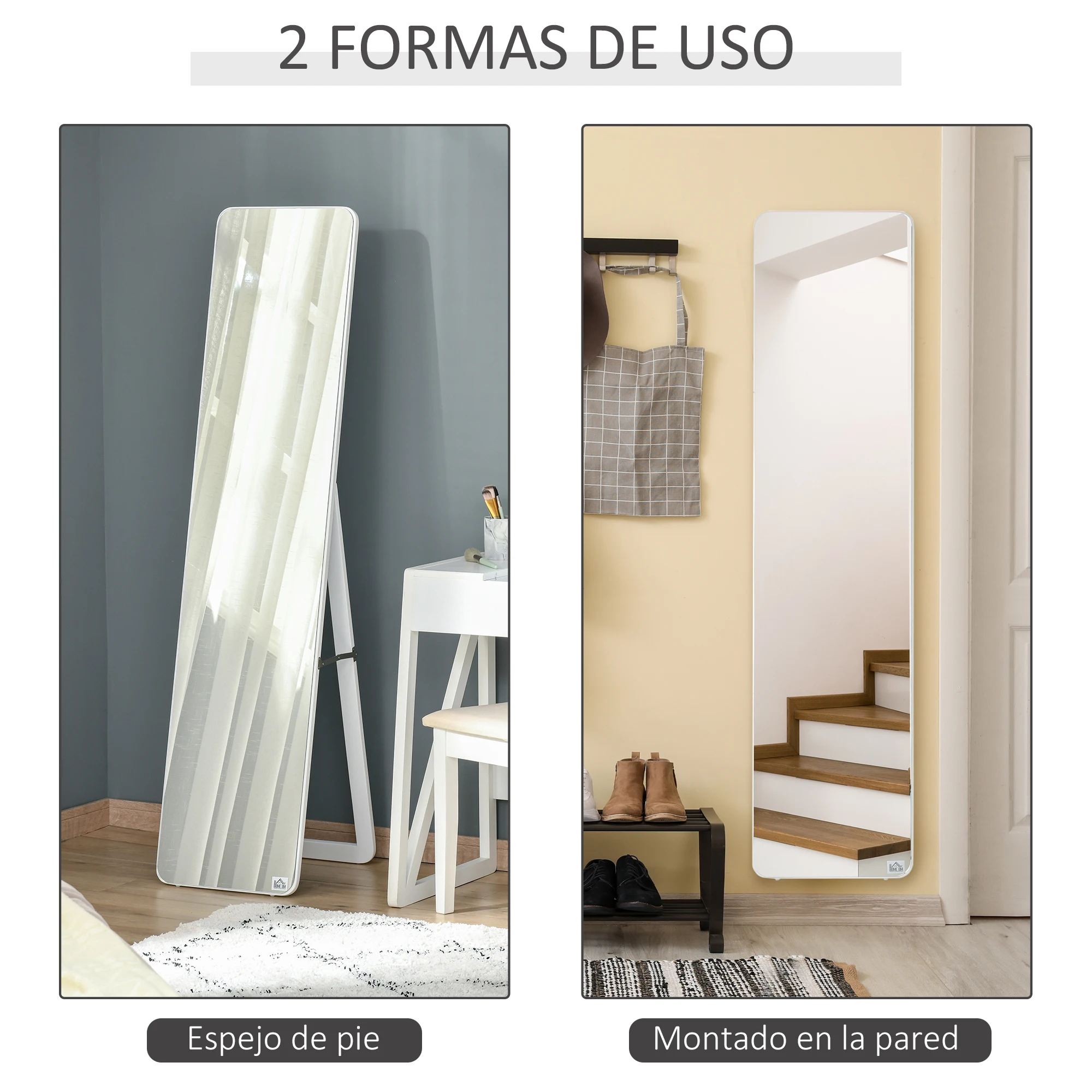 HOMCOM Espejo de Pie Cuerpo Entero Rectangular Espejo de Pared con 2 Formas de Uso Marco de Madera de Pino Moderno para Pasillo Dormitorio Sala de Estar 37x43x156 cm Blanco - imagen 5