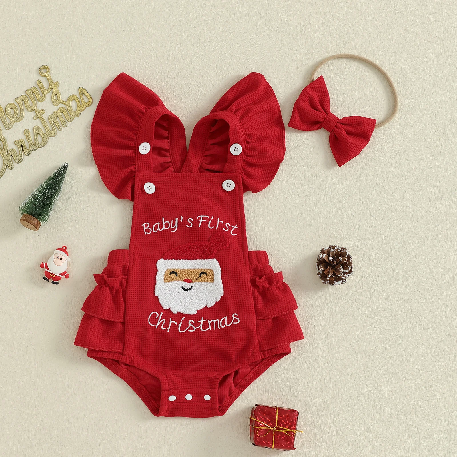 VISgogo Conjunto de 2 piezas de mameluco de manga voladora bordado con letras de Papá Noel/Halloween para niña de Navidad/Halloween y diadema con lazo