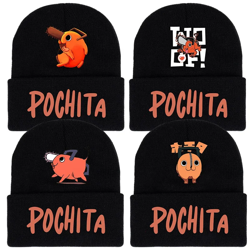 Gorros de punto Pochita para hombre con motosierra, gorro de Hip Hop cálido con dibujos animados de Anime para invierno, ropa de calle Y2k, gorro tejido para pareja a la moda