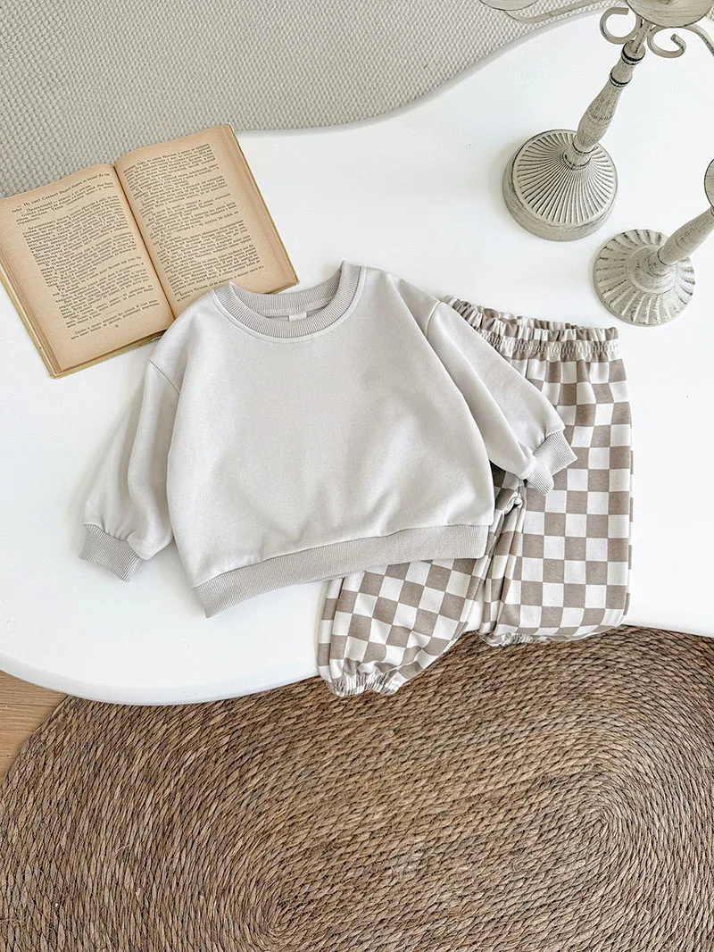 MILANCEL-traje informal para niños pequeños, 2 uds., sudadera con capucha de Color sólido + pantalones con patrón de tablero de ajedrez, conjunto de ropa holgada coreana para bebés de 6M-3Y - imagen 4