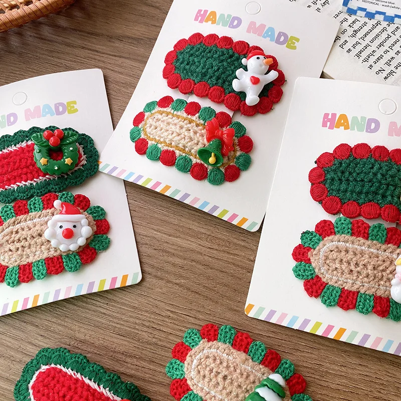 2 unids/set de pinzas para el cabello navideñas, horquillas tejidas de ganchillo con muñeco de nieve, pinzas para el cabello de encaje ovaladas de dibujos animados para niñas y niños, accesorios para niños pequeños - imagen 2