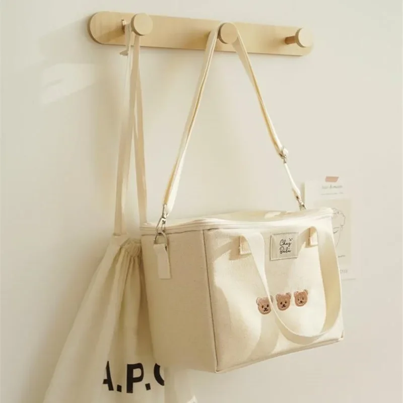 Bolsas de pañales de gran capacidad, bolsa de almacenamiento multifuncional para viajes al aire libre con bonito oso de dibujos animados para pañales, biberones, juguetes, pañales