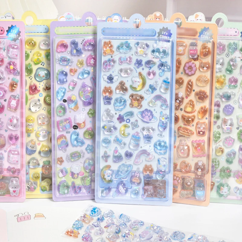 Pegatina en relieve de dibujos animados 3D, oso, cachorro, pollito, conejos, caramelo, planeta, pan, océano, parche de gelatina de cristal, pegatinas en relieve, papelería ZYF - imagen 3