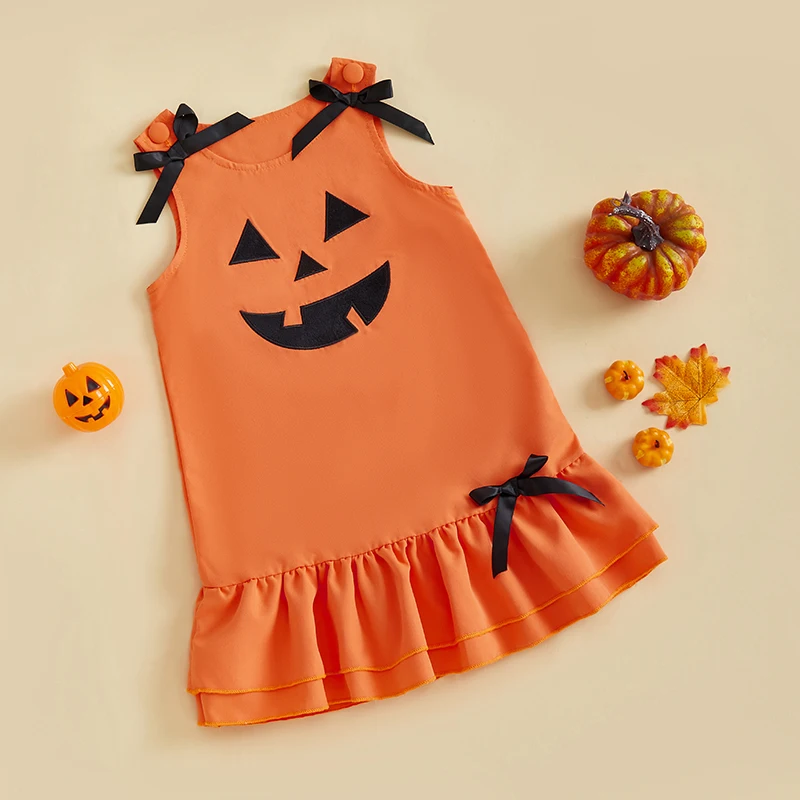 Vestido de Halloween para niña pequeña de 1 a 4 años, sin mangas, cuello redondo, bordado de calabaza, vestido de vacaciones para bebé - imagen 3