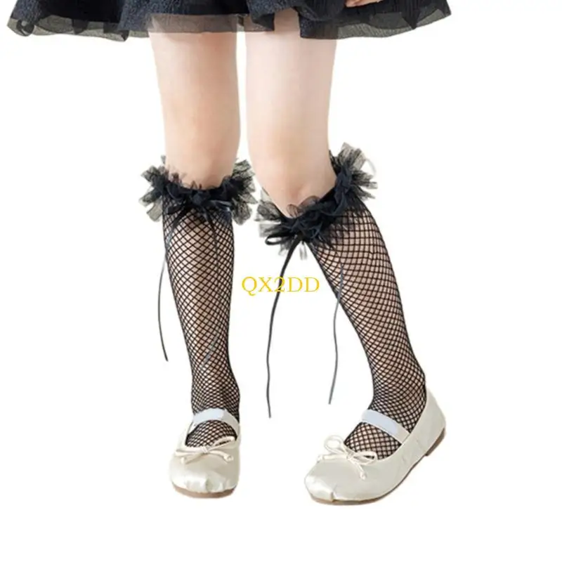 QX2D Calcetines dulces encaje delicado para niños con precioso ribete lazo hasta pantorrilla - imagen 5