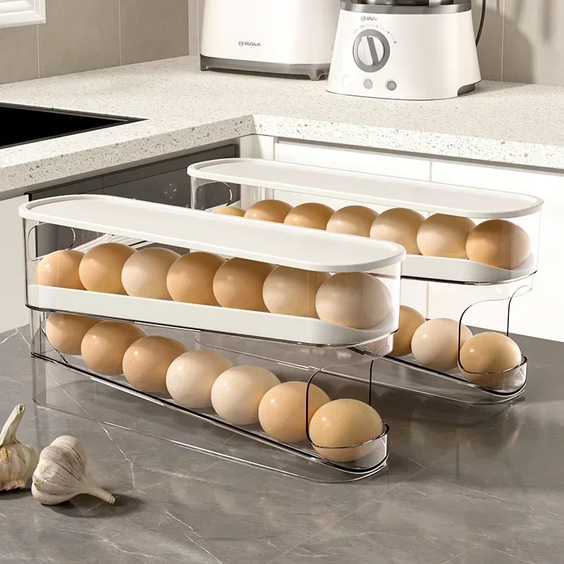 Dispensador automático de huevos enrollable de 2 niveles: organizador de almacenamiento de huevos estilo escalera para refrigerador - imagen 2