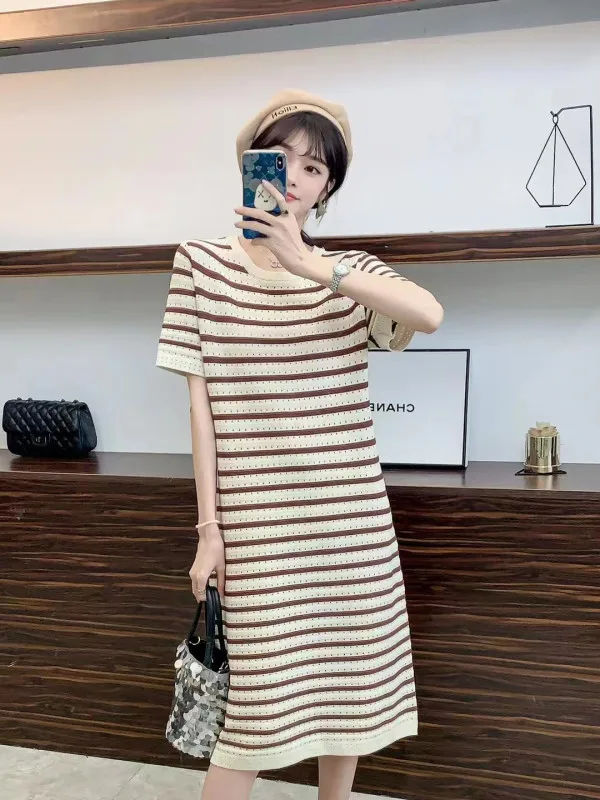 Vestido premamá tejido acanalado cuello cuadrado manga corta elegante - imagen 4