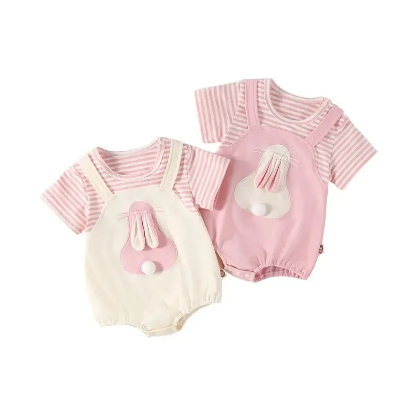 Body a rayas de conejito de dibujos animados de estilo coreano para niñas recién nacidas, ropa de 1er cumpleaños, peleles, verano 2026 - imagen 2