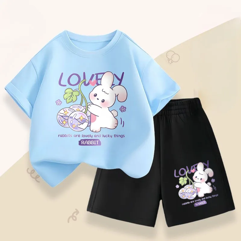 Novedad de verano, trajes informales para niñas, conjuntos de Top de manga corta para niños, camiseta con estampado de conejo bonito, pantalones cortos, traje de dos piezas - imagen 5