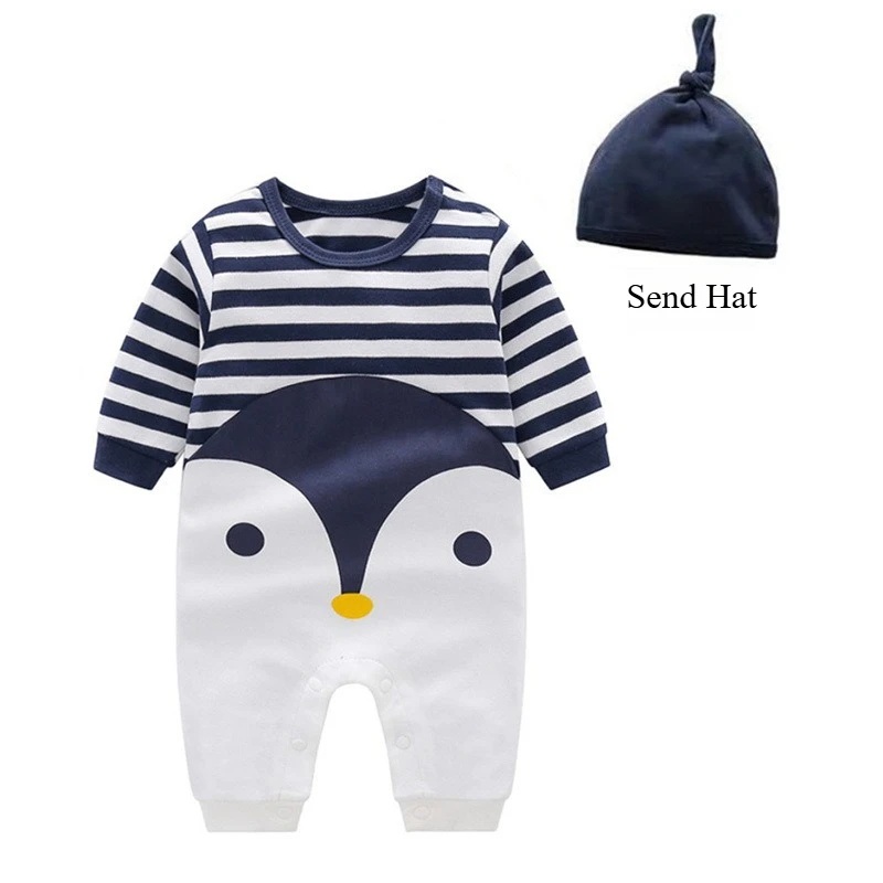 Mono unisex a rayas con dibujos de pingüinos para bebé, con sombrero a juego, bonito pelele navideño para salida de primavera y otoño para niños y niñas