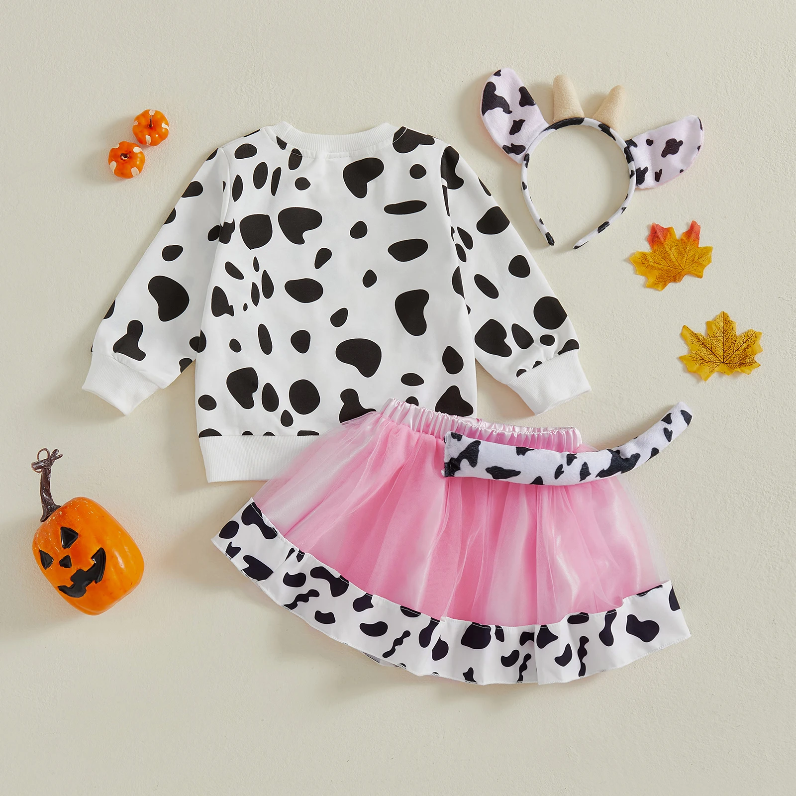 Conjuntos de Halloween para niña pequeña de 1 a 5 años, estampado de manchas de vaca, cuello redondo, camisetas de manga larga, minifalda de malla y diadema, conjunto de 3 uds. - imagen 3