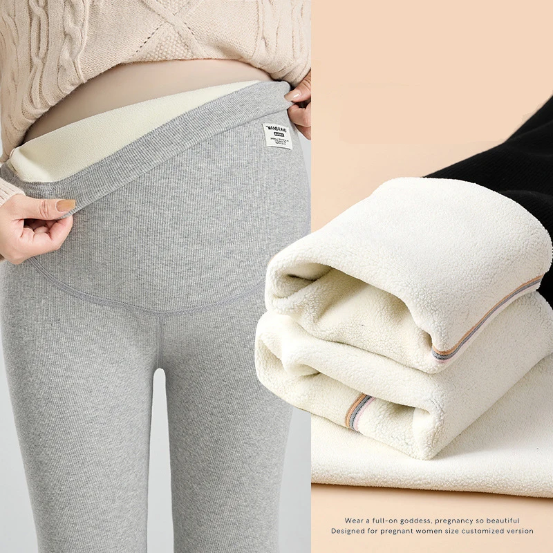 Pantalones de maternidad de talla grande, mallas de maternidad de cintura alta con soporte para el vientre de algodón, pantalones de lana de otoño e invierno para mujeres embarazadas - imagen 5