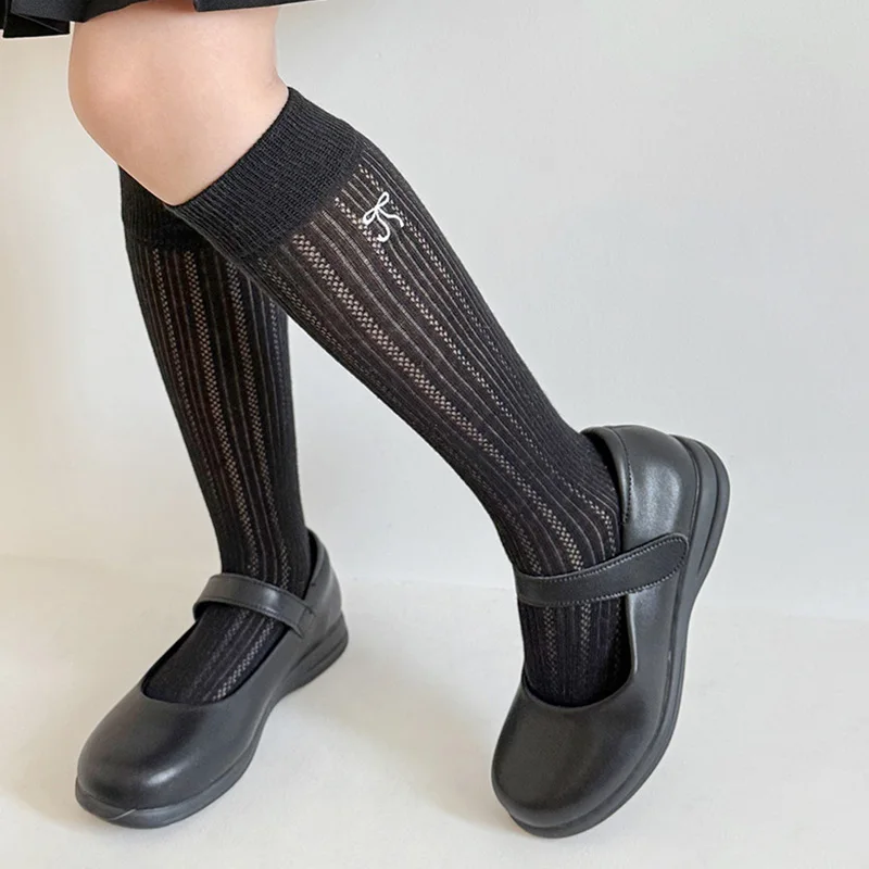 Medias con lazo para niñas, calcetines bordados transpirables de malla de Color sólido, calcetines suaves tejidos con lazo para primavera y verano para niños - imagen 3