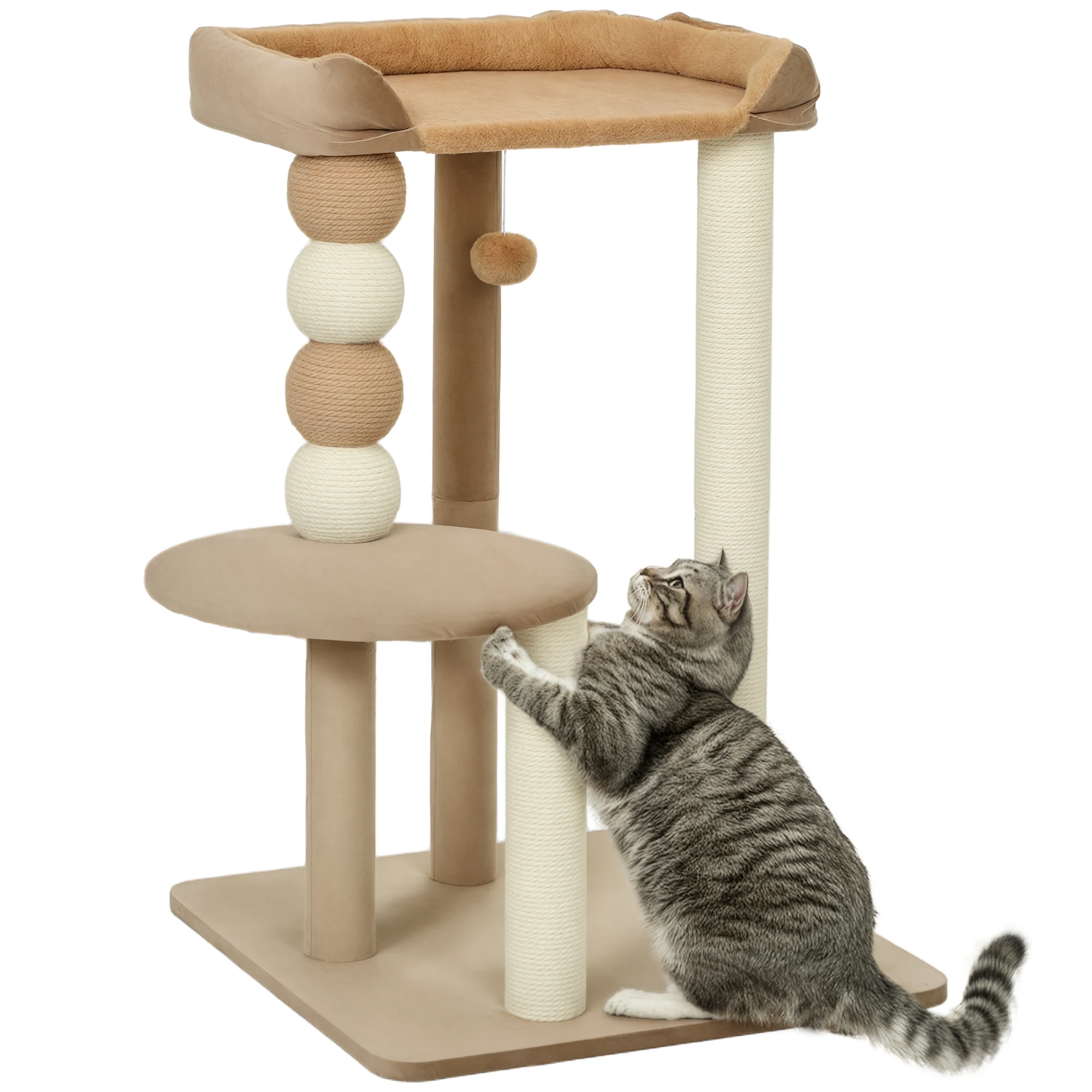 PawHut Árbol Rascador para Gatos, Árbol para Gatos 86 cm, Torre Escalador con Cama, Plataforma de Salto, Postes de Yute y Bolas de Juguete, Marrón y Beige