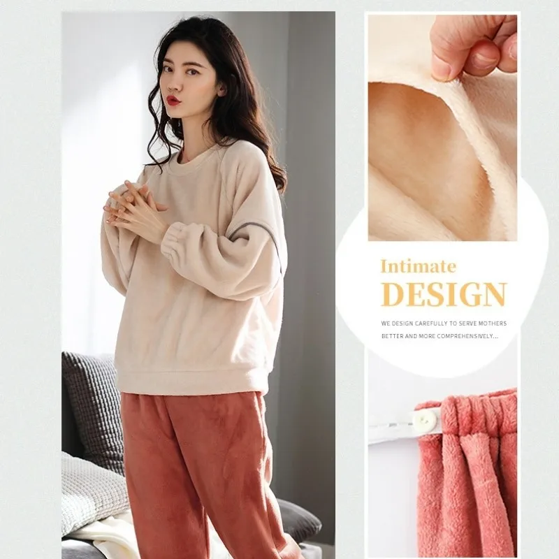 Pijamas de lactancia de terciopelo de franela, traje de lactancia para mujeres embarazadas, conjunto posparto, ropa gruesa de maternidad para madres y embarazo - imagen 5