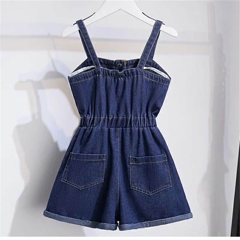 Monos de mezclilla de sabor extranjero para niñas, pantalones cortos de cintura para niños, monos de mezclilla para bebés, monos rizados de pierna ancha de moda, verano, nuevo - imagen 4