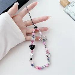 Pulsera con cuentas de corazón y lazo, cordón colorido, flor, mariposa, abalorio para teléfono, correa de muñeca para teléfono móvil con perlas, cadenas antipérdida