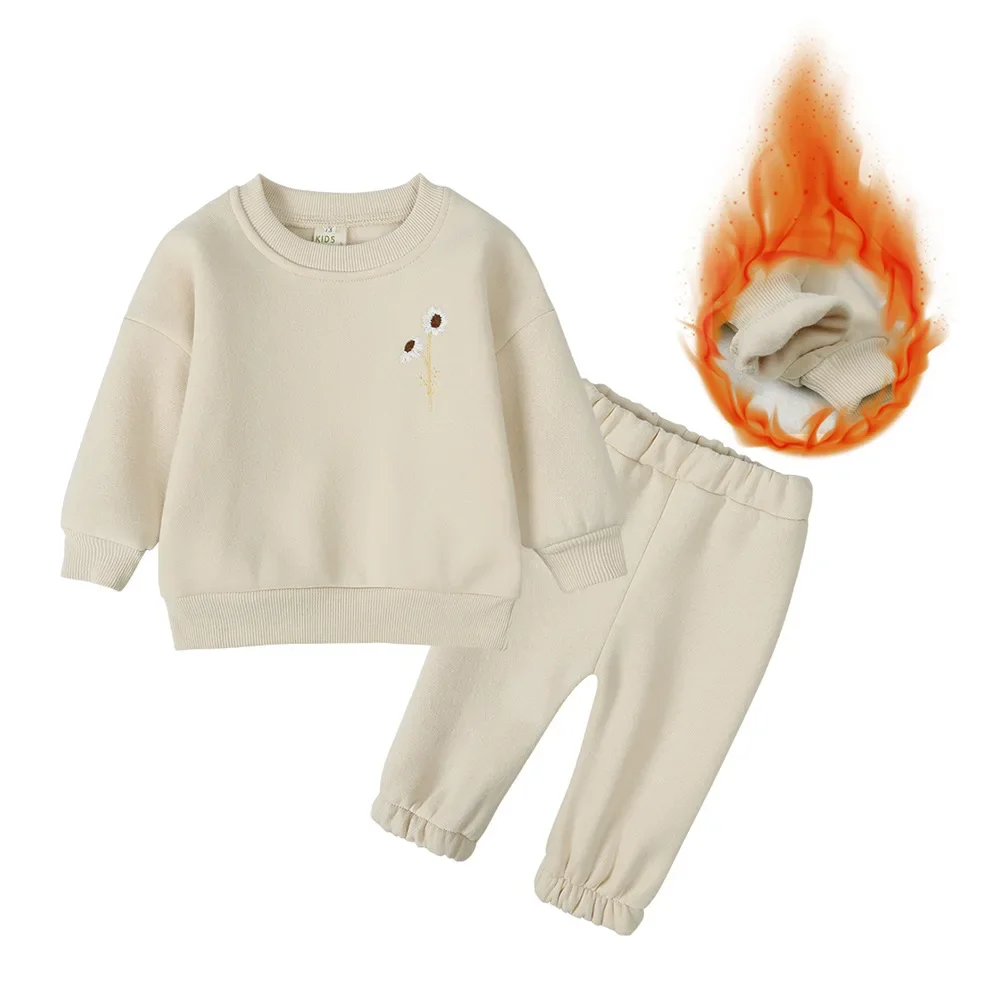 MILANCEL Ropa para niños Sudadera con capucha de lana y pantalones largos 2 piezas Traje de sudadera para niños Traje deportivo bordado - imagen 5