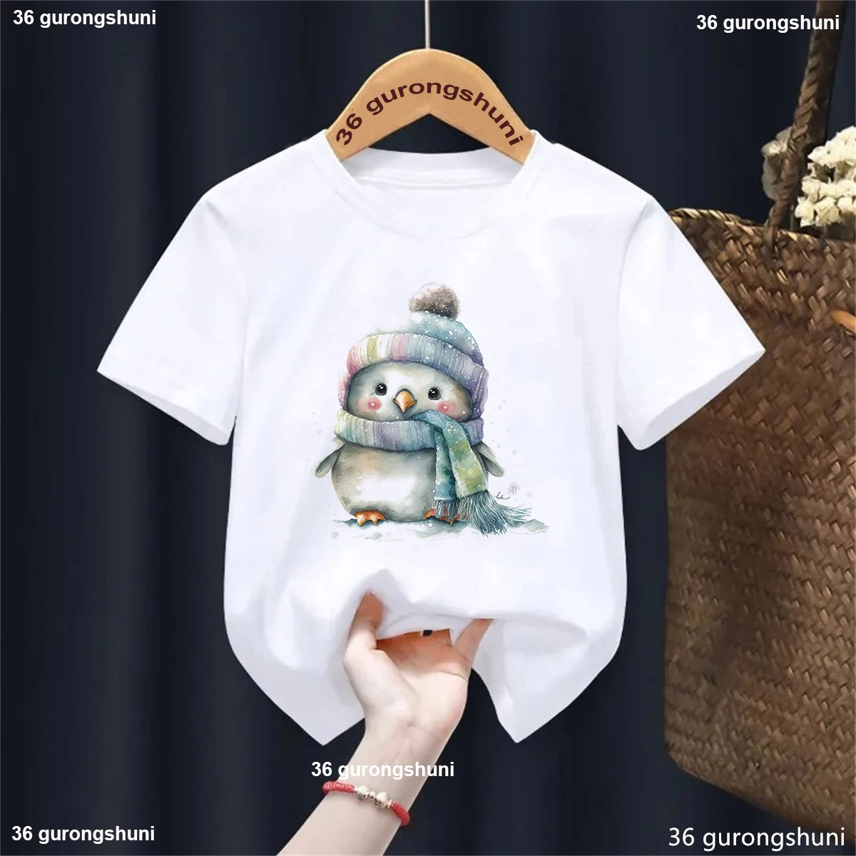 Camiseta con estampado de pingüino de acuarela para niñas/niños, camiseta divertida de pájaros/búho, ropa Kawaii para niños, camisa Harajuku, ropa para niños - imagen 2