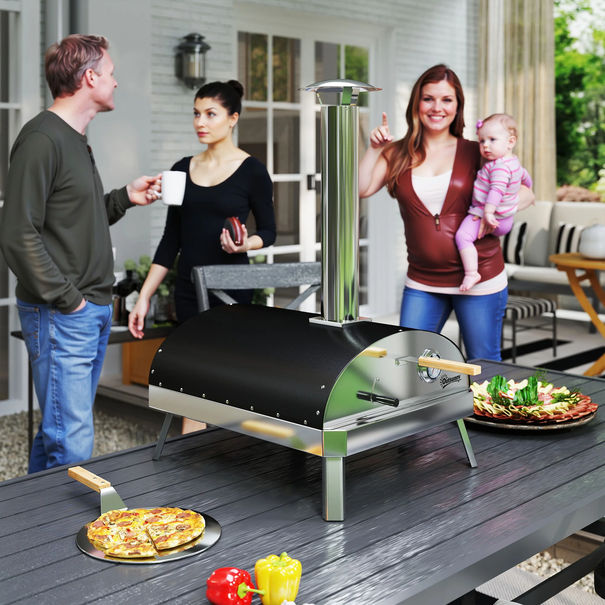 Outsunny Mini Horno de Pizza Exterior Portátil Horno de Leña con Piedra Refractaria Ø33 cm Pala Mangos de Madera Termómetro y Bandeja Giratoria para Jardín Terraza Camping Patio