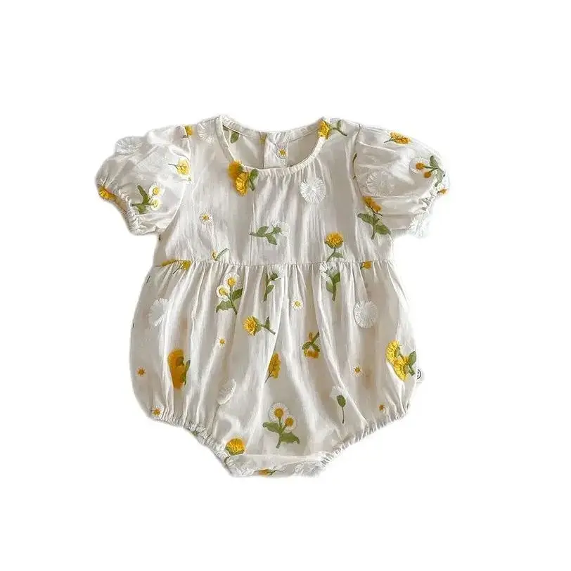 Nuevo peleles de una pieza con manga abombada y bordado de margaritas para niñas pequeñas, mono dulce de verano para bebés recién nacidos de 0 a 2 años