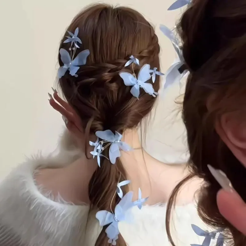 2 unids/set de Clip de pelo de mariposa de malla, flequillo lateral, Clip de pico de pato, sombreros para niñas, horquilla coreana rosa, azul y blanca, accesorio para el cabello para niños