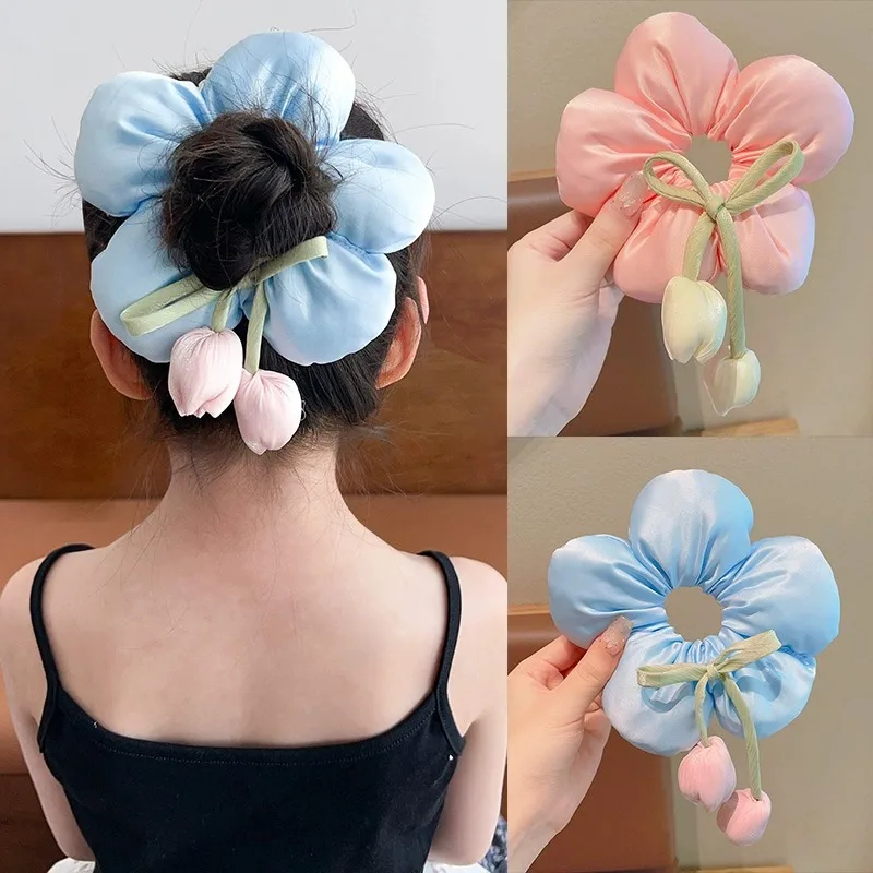 Coleteros grandes para el cabello con flor de tulipán para niña, adorno para la cabeza de princesa, diademas, lazos para el cabello, accesorios para el cabello a la moda - imagen 3