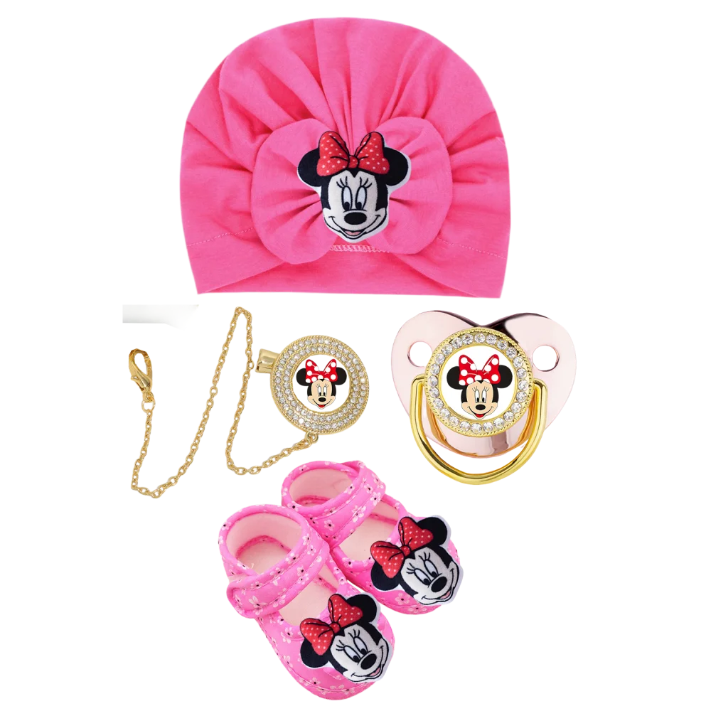 Gorro para recién nacido + clip de cadena para chupete de bebé + zapatos de cama para recién nacido, anillo de dentición de cristal rosa, chupete con estampado de anime, tetina de silicona para bebé - imagen 5