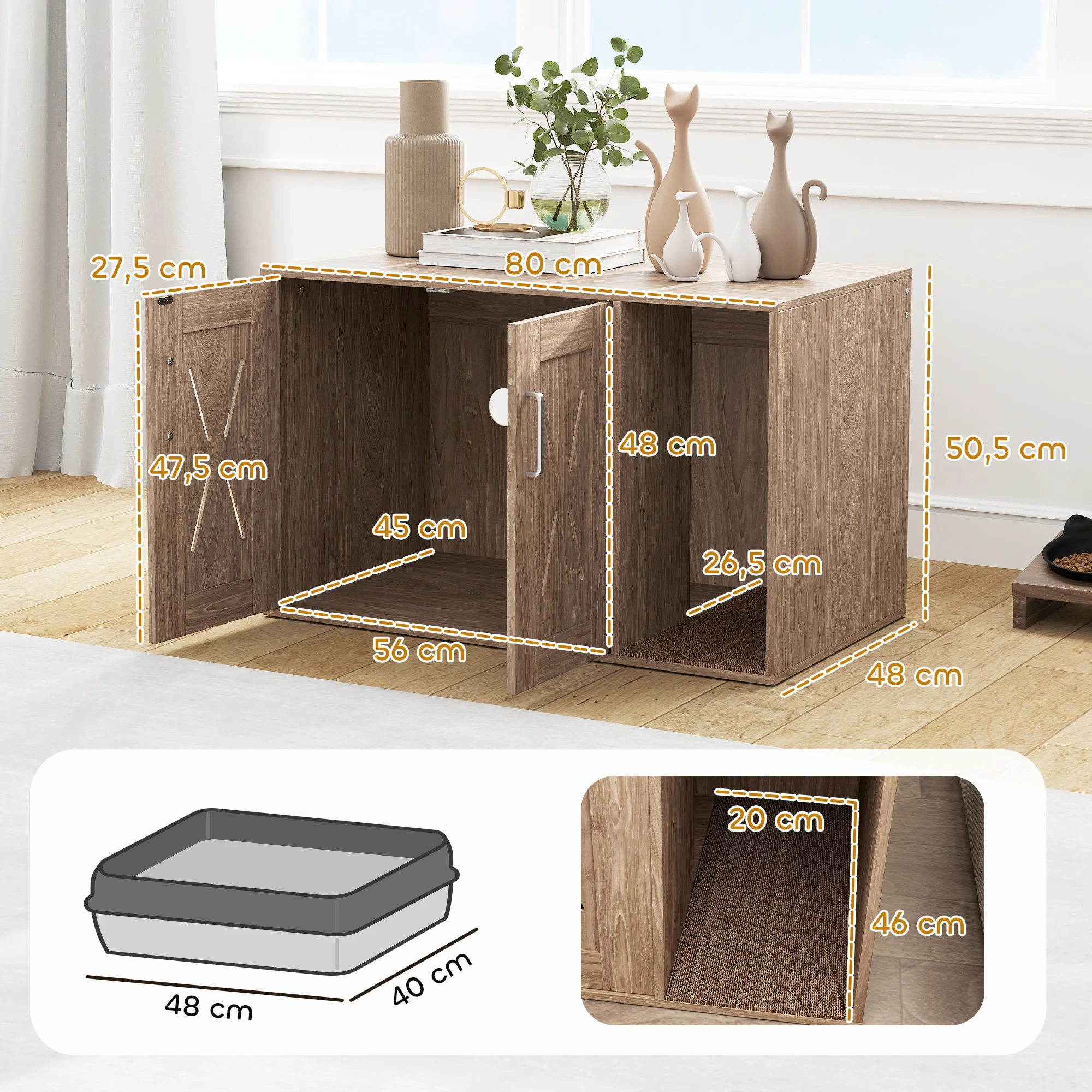 PawHut Mueble Arenero para Gatos 3 en 1 Nido Mesa Auxiliar Caja de Arena para Gatos con Puertas Estera para Rascar y Compartimento para Salón Dormitorio 80x48x50,5 cm Marrón - imagen 3
