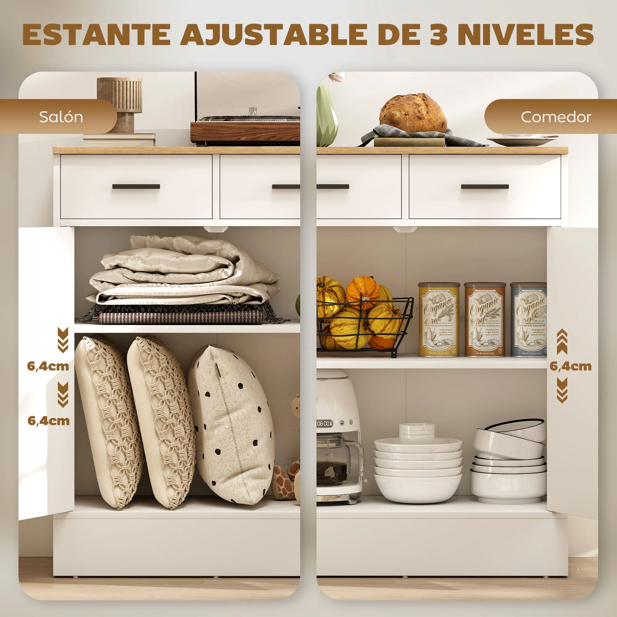 HOMCOM Aparador de 2 Puertas, Aparador de Salón con 2 Cajones y Estantes Ajustables, para Cocina, Entrada, Dormitorio, Blanco y Natural, 68,6x35x90,3 cm - imagen 5