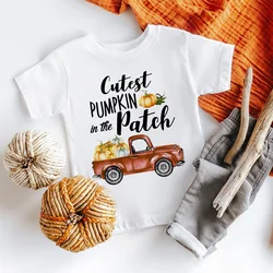Camiseta con estampado de calabaza en el parche para niños, ropa fiesta Halloween, Día Acción Gracias, manga corta