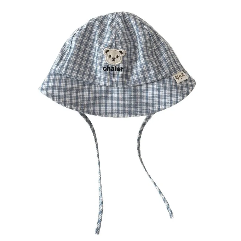 Sombrero de pescador a cuadros de oso bonito coreano para bebés, niños y niñas, gorra de pescador con protección solar para primavera y otoño, dibujos animados, para exteriores - imagen 5