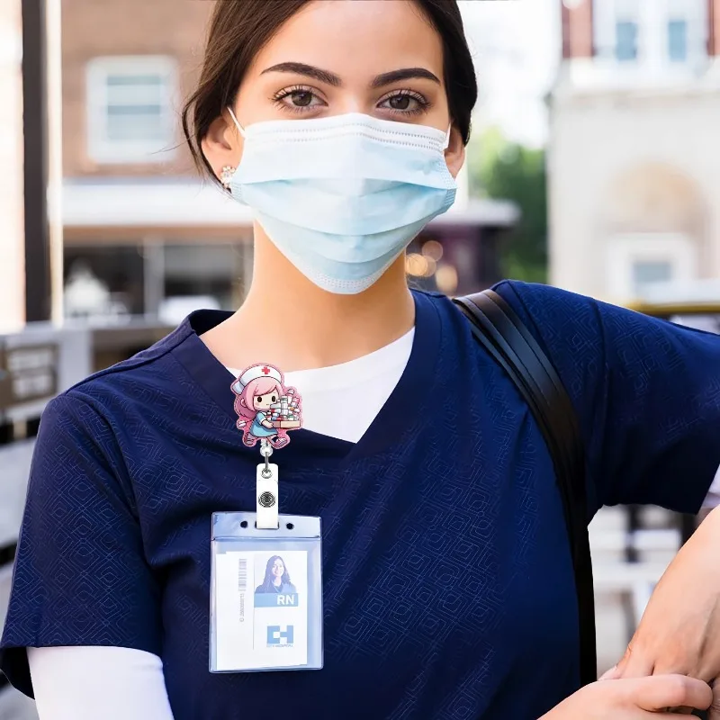 Nuevos suministros médicos acrílicos de dibujos animados, carrete de insignia, soporte de tarjeta de identificación retráctil con Clip de cocodrilo giratorio 360, soporte para nombre - imagen 5