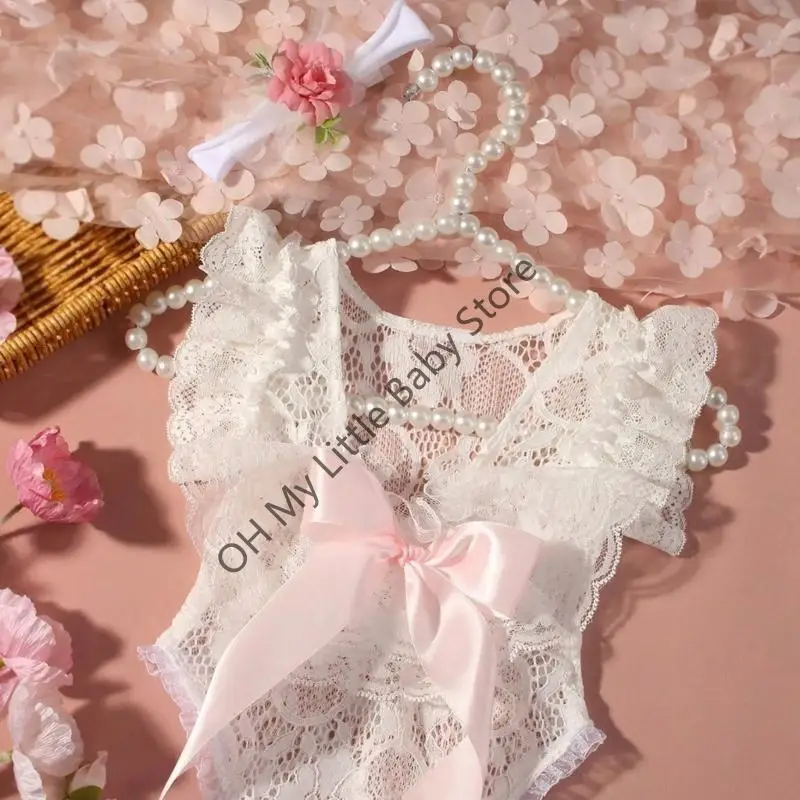 M76C 2pcs/set Romper encaje infantil y diadema Ver a través mono sin espalda con banda para banda para sesiones - imagen 2