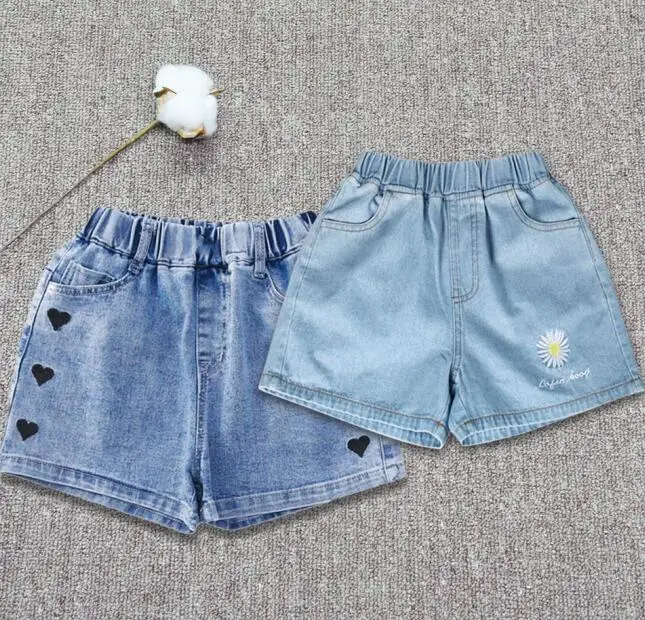 Somenie Conjunto de pantalones cortos de mezclilla de verano para niñas, 2 piezas, sección delgada para niños de 3 a 10 años, pantalones cortos bordados de moda