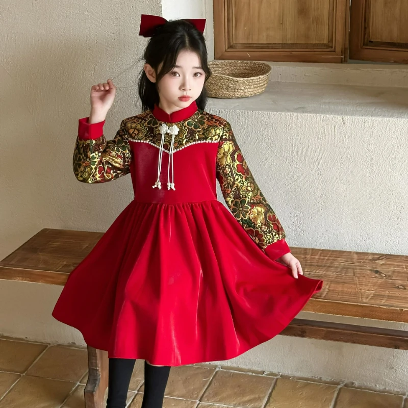 Vestido de Año Nuevo Qipao para niña, vestido con forro polar de otoño e invierno, nuevo vestido rojo de estilo chino para niños, lindo vestido de princesa - imagen 2