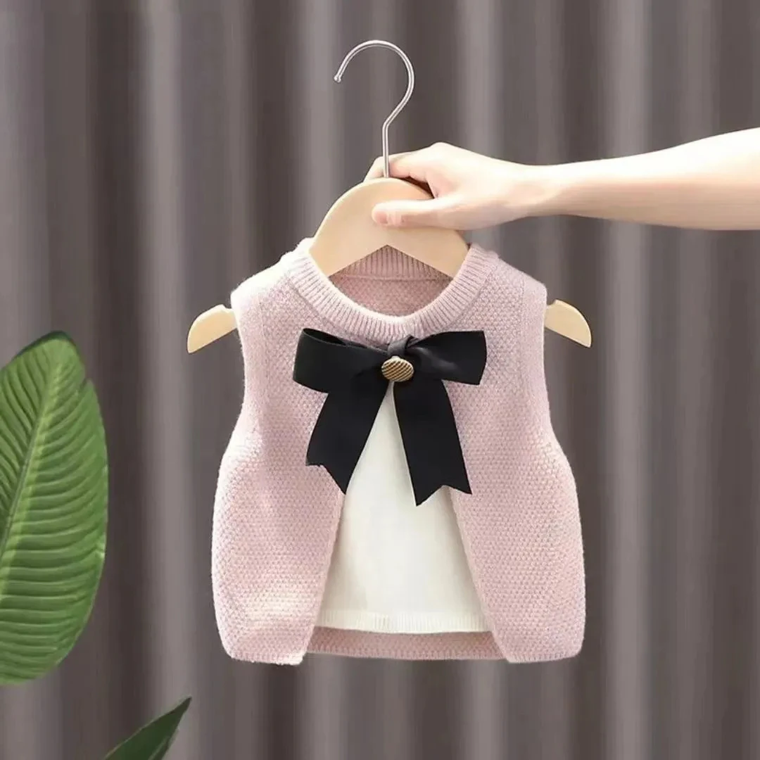 Chaleco de punto con lazo para niña – Cuello redondo - imagen 2