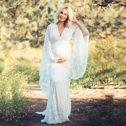 Vestido largo de encaje para embarazo – Cuello V y mangas acampanadas