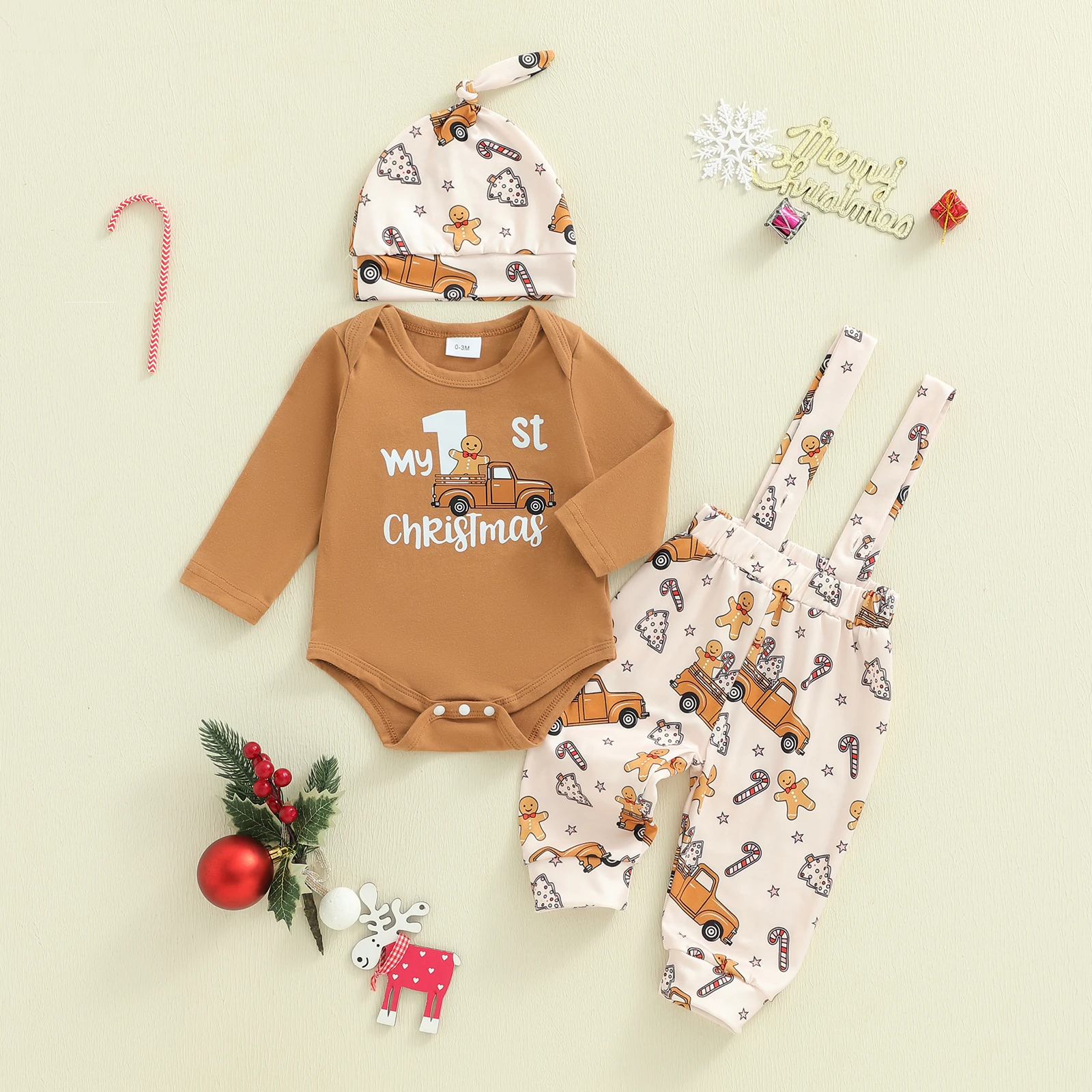 Conjuntos de 3 piezas para bebés de 0 a 18 meses, mameluco de manga larga con cuello redondo, pantalones con estampado de Papá Noel/pan de jengibre, sombrero