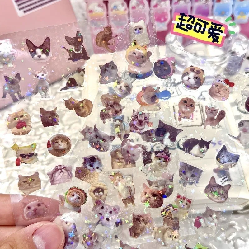 10 Uds. De pegatinas láser de gato bonito, purpurina, impermeable, translúcido, papelería divertida, materiales para álbum de recortes, suministros para manualidades - imagen 2