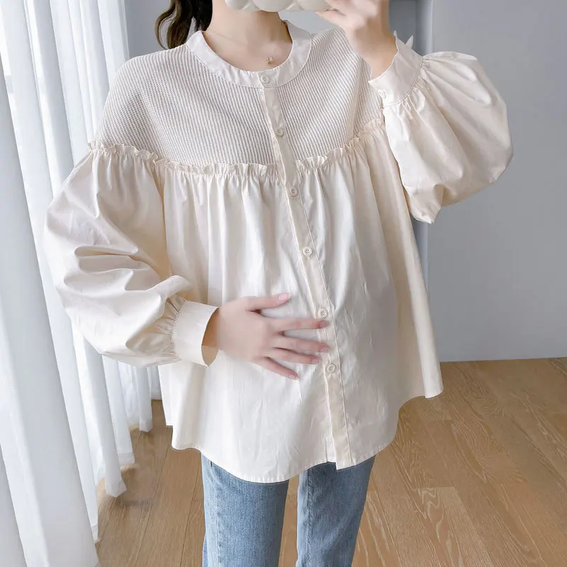 7156 #   Otoño moda coreana Patchwork blusas de maternidad de gran tamaño túnica suelta ropa para mujeres embarazadas lindos Tops de embarazo - imagen 4