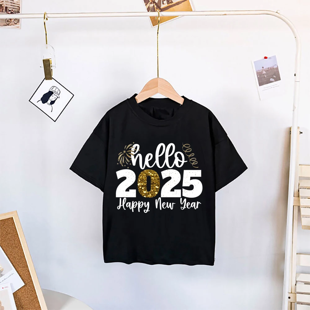Hello 2025 Happy New Year Print Kids Shirt Boys Girls New Yeat Outfits T-shirt Holiday Party Child Shirts Short Sleeve Tops Tee - imagen 5