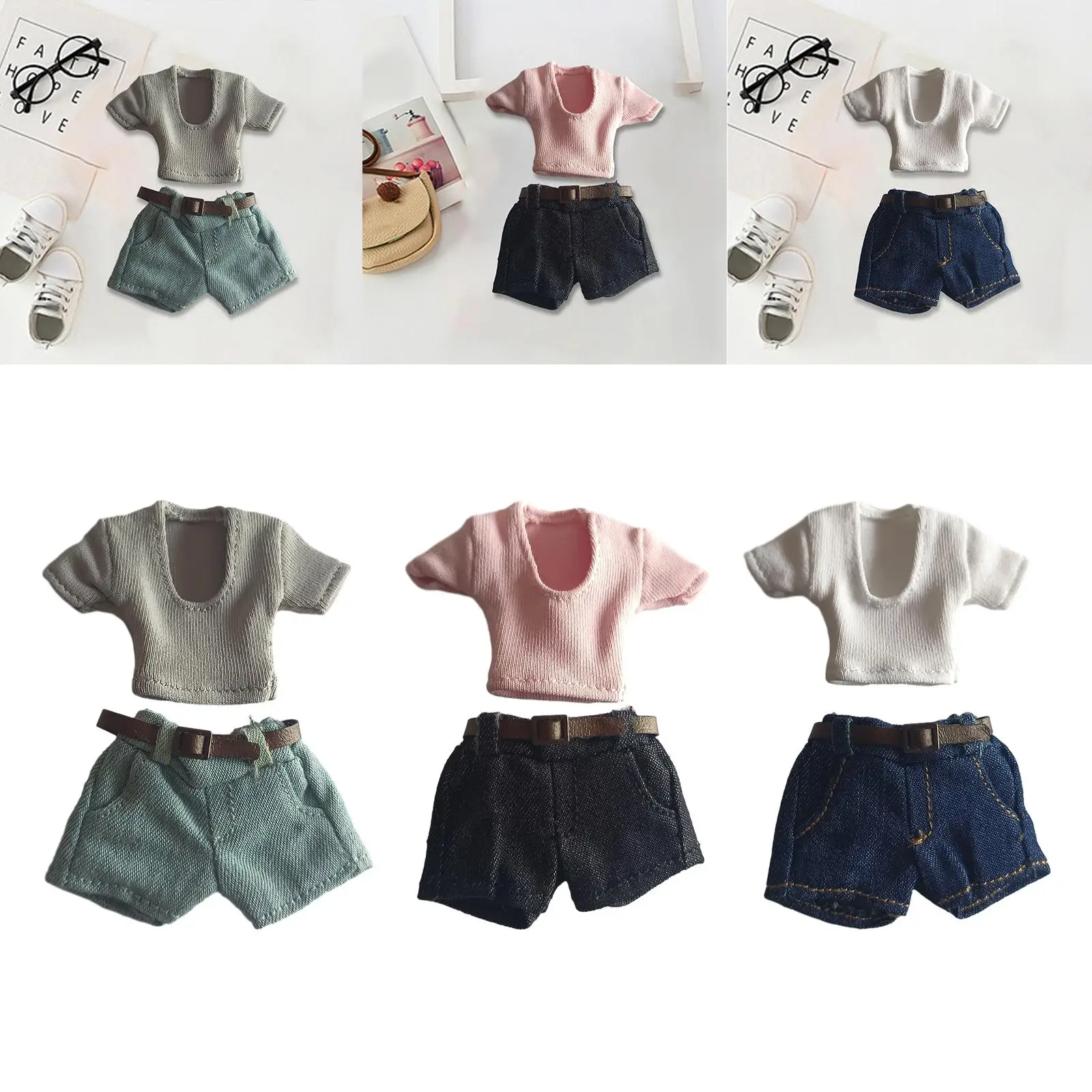 1/12 Scale Action Figures Clothing with Belt Cosplay Outfits Action Figure Clothes T Shirt Shorts Set for 6'' Female Figure Doll
