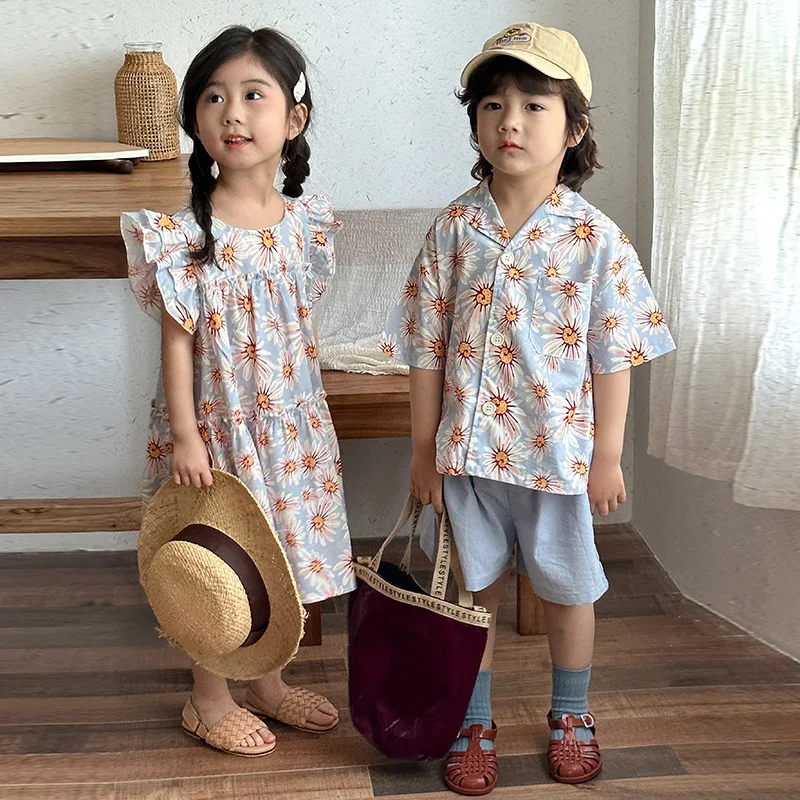 Conjunto para hermanos, ropa de verano para niños de 1 a 8 años, camisa y pantalones cortos de manga corta, 2 uds., traje informal para niños, vestido Floral para niñas - imagen 2