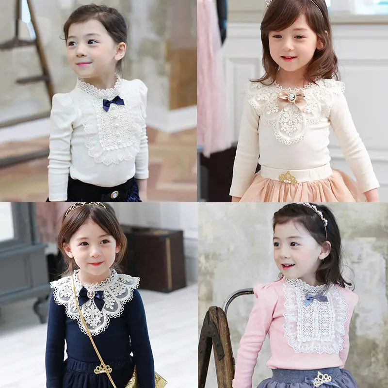 Camisas escolares para niñas, Tops y blusa blancos de manga larga con lazo de encaje para niñas, ropa para niños pequeños, primavera y otoño