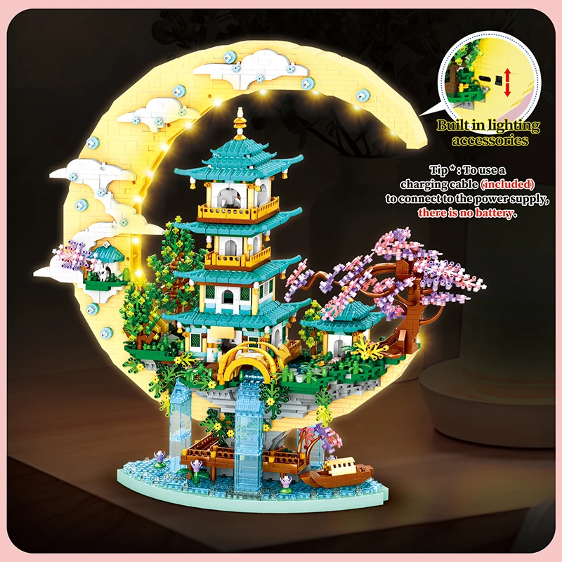 Palacio lunar Guanghan con luces LED, cascada floral y bloques para niños