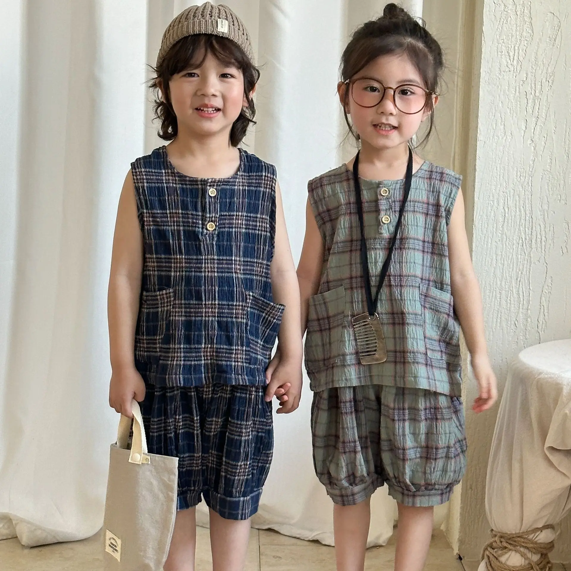 2 unids/set de ropa para niñas y niños, chaleco a cuadros + Pantalones cortos, ropa para niños