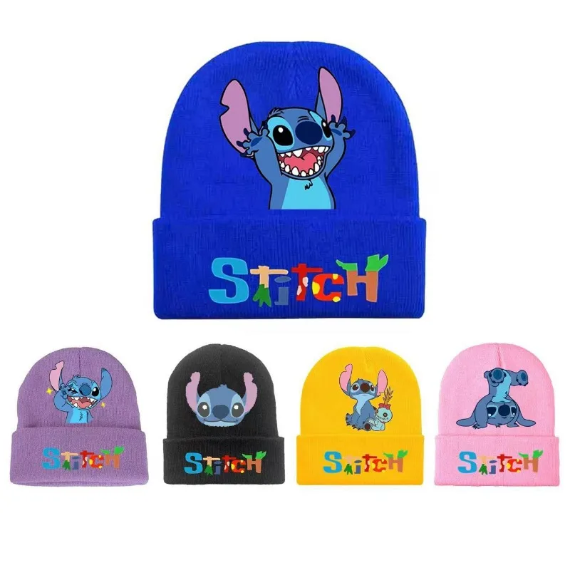 Gorro tejido de punto de Disney Stitch para invierno, gorros fríos cálidos para exteriores de Color sólido, gorro de punto bordado a la moda de Hip-Hop para niños y niñas - imagen 2